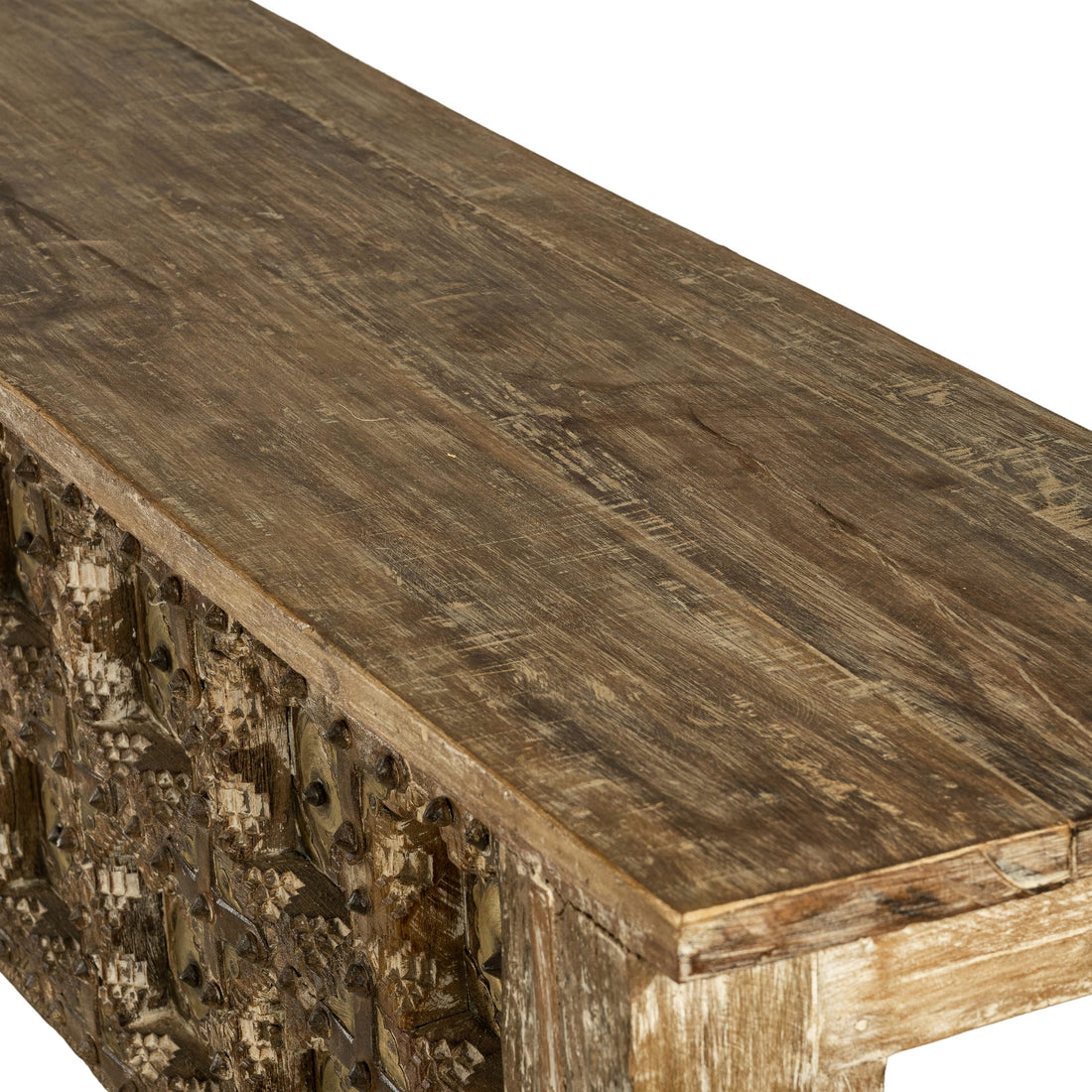 Distressed Wood Rustic Console with Brass Medallions
