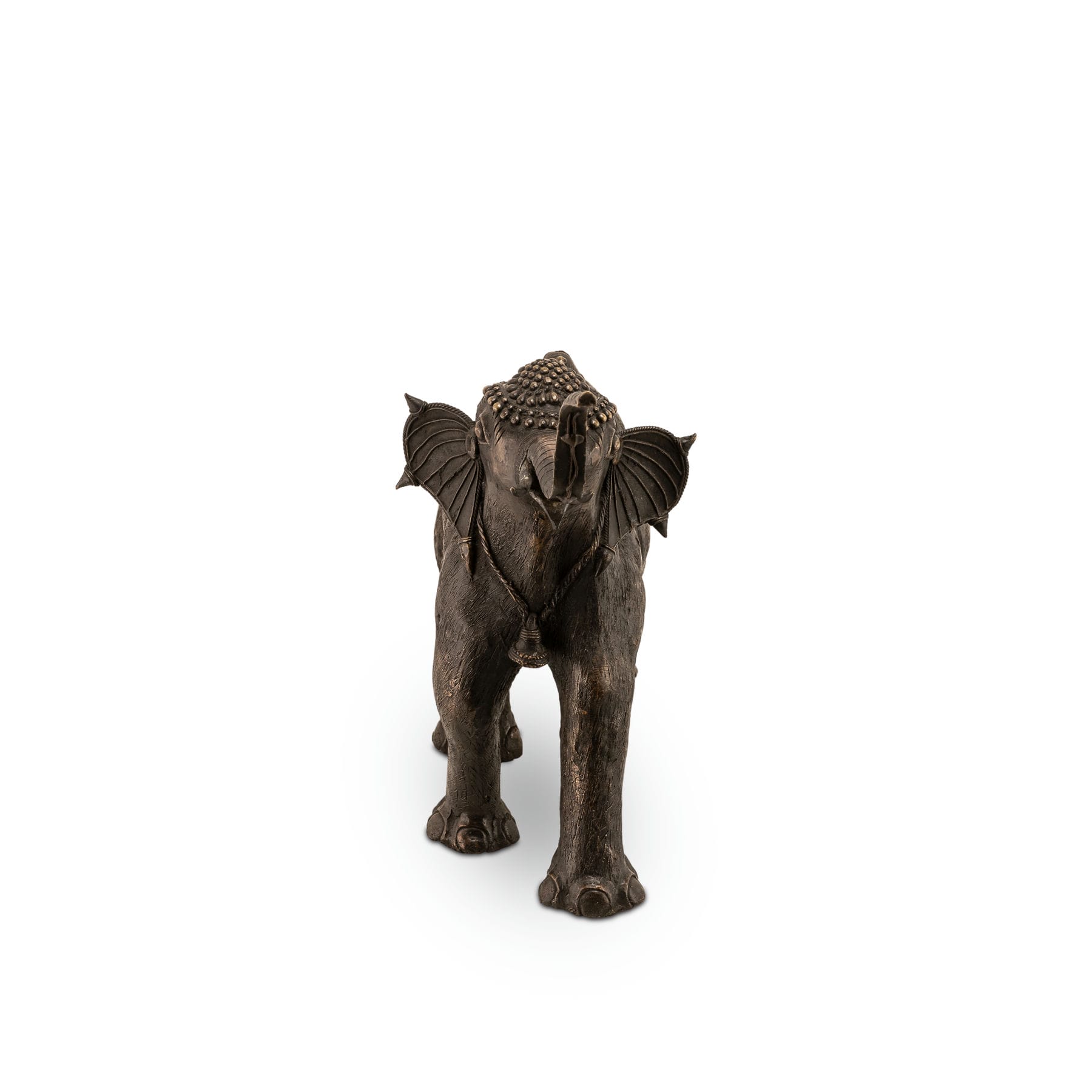 Handcrafted heavy metal animal idol wearing a traditional bell necklace for a living room credenza or cultural showcase.