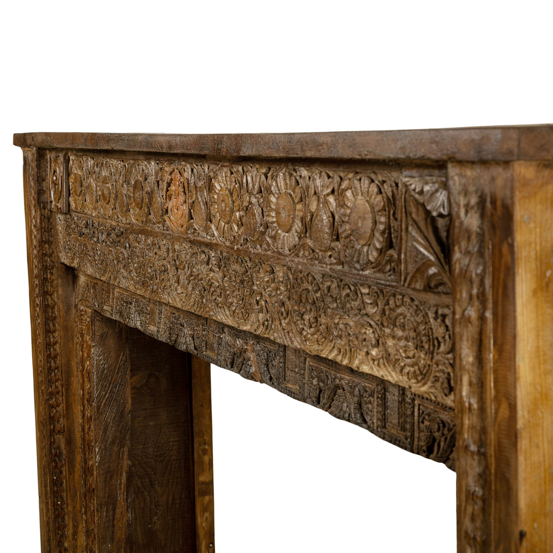 Carved Wood Antique Low Console with Floral Relief and Central Medallion