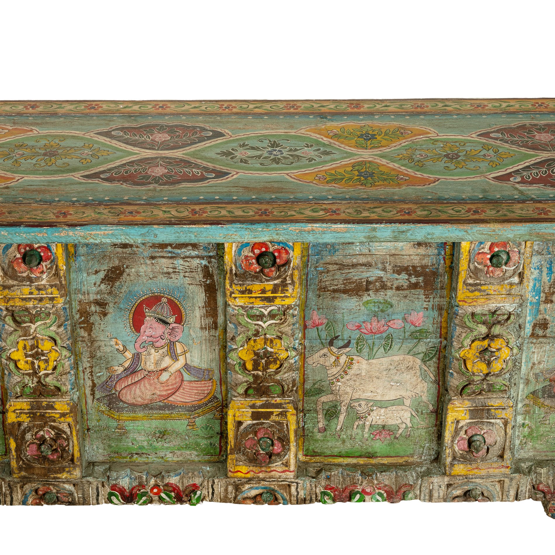 Painted Wood Distressed Antique Low Cabinet with Devotional Panels
