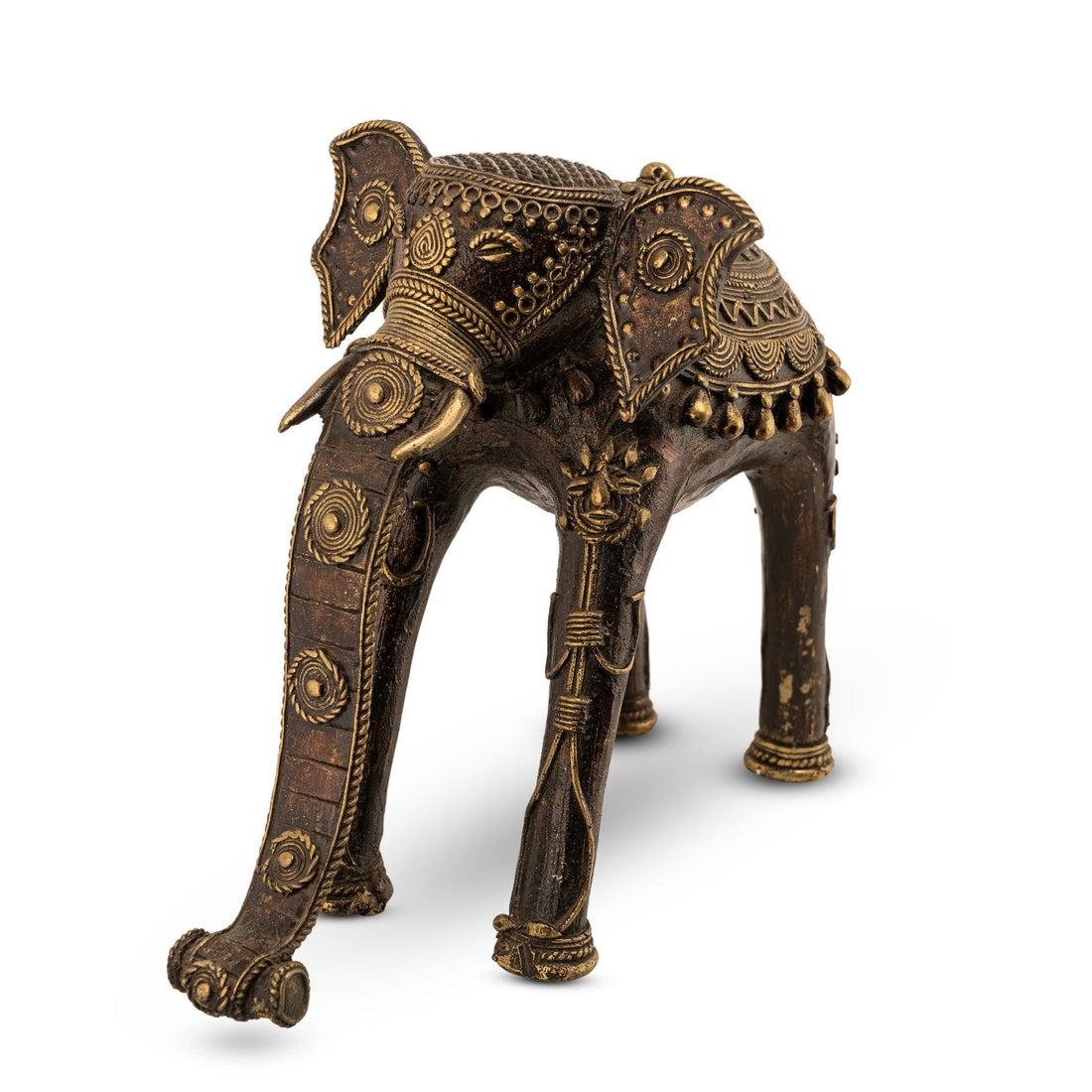 Indian metal ceremonial beast decor featuring a stylized elongated trunk for a wide wooden bookshelf or traditional home decor.