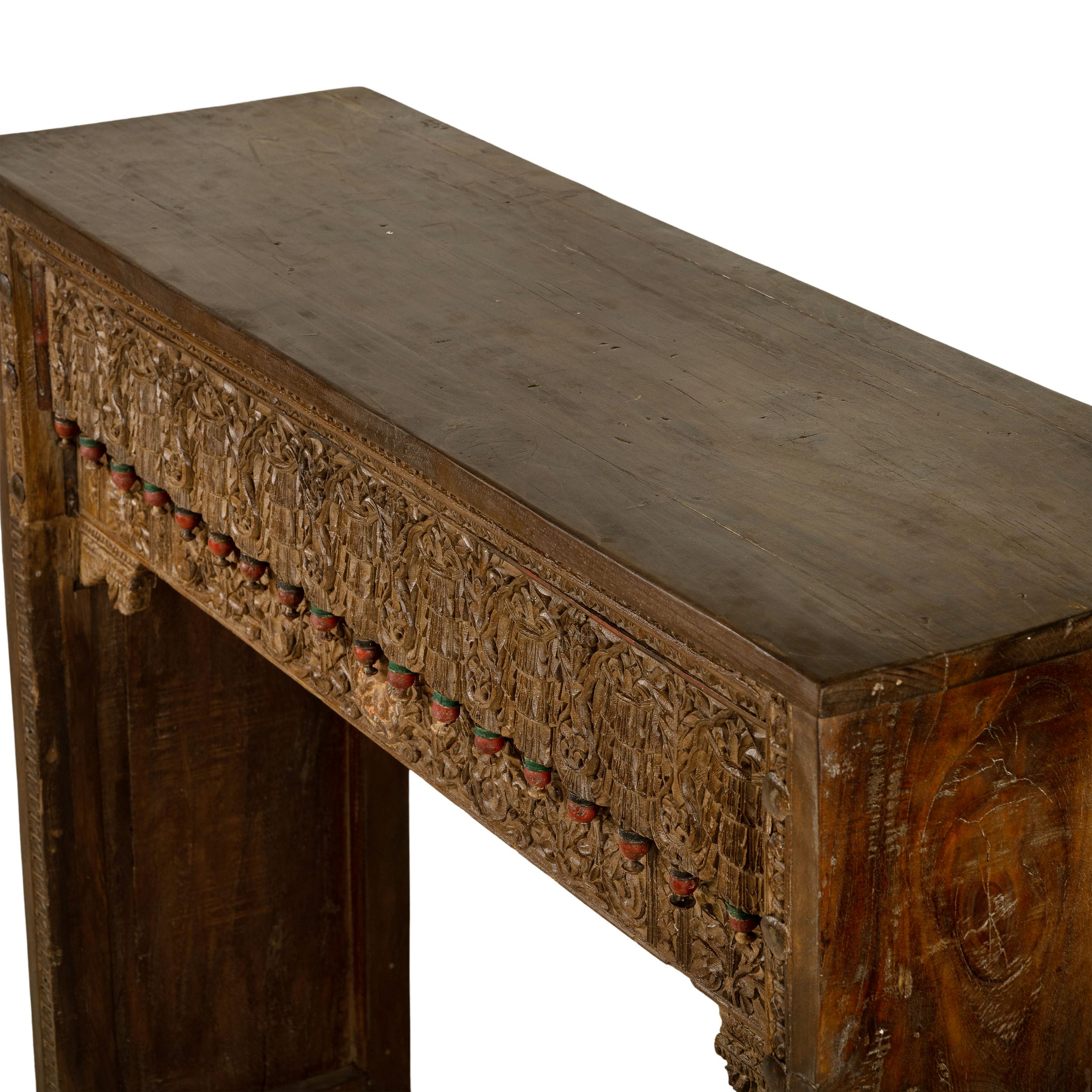 Carved Wood Antique Low Console with Figurative Relief