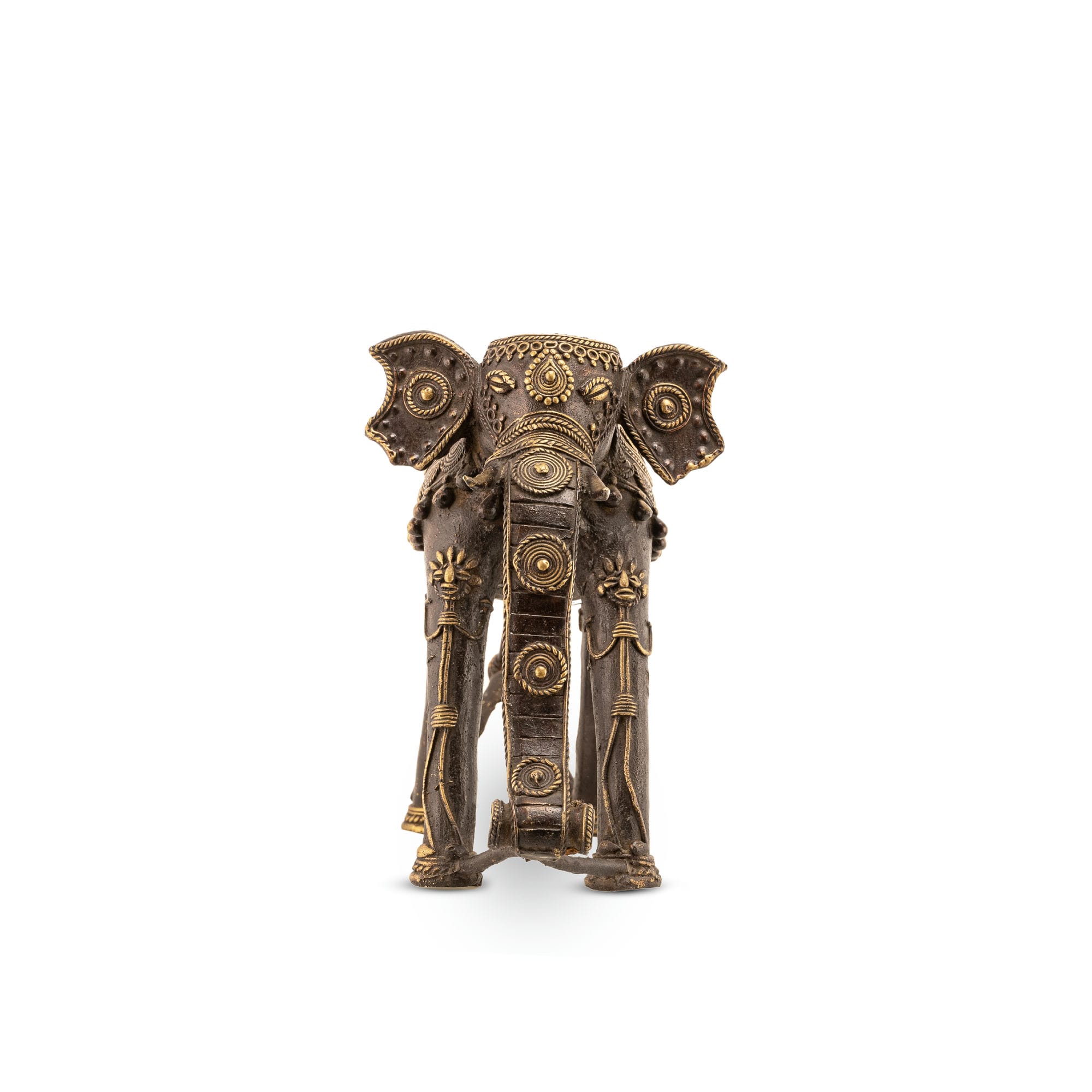 Contemporary Indian metal animal figurine with a sweeping curled trunk 