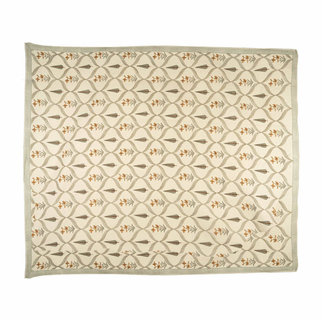 Hand-stitched cotton quilted coverlet with feather and blossom ogee pattern