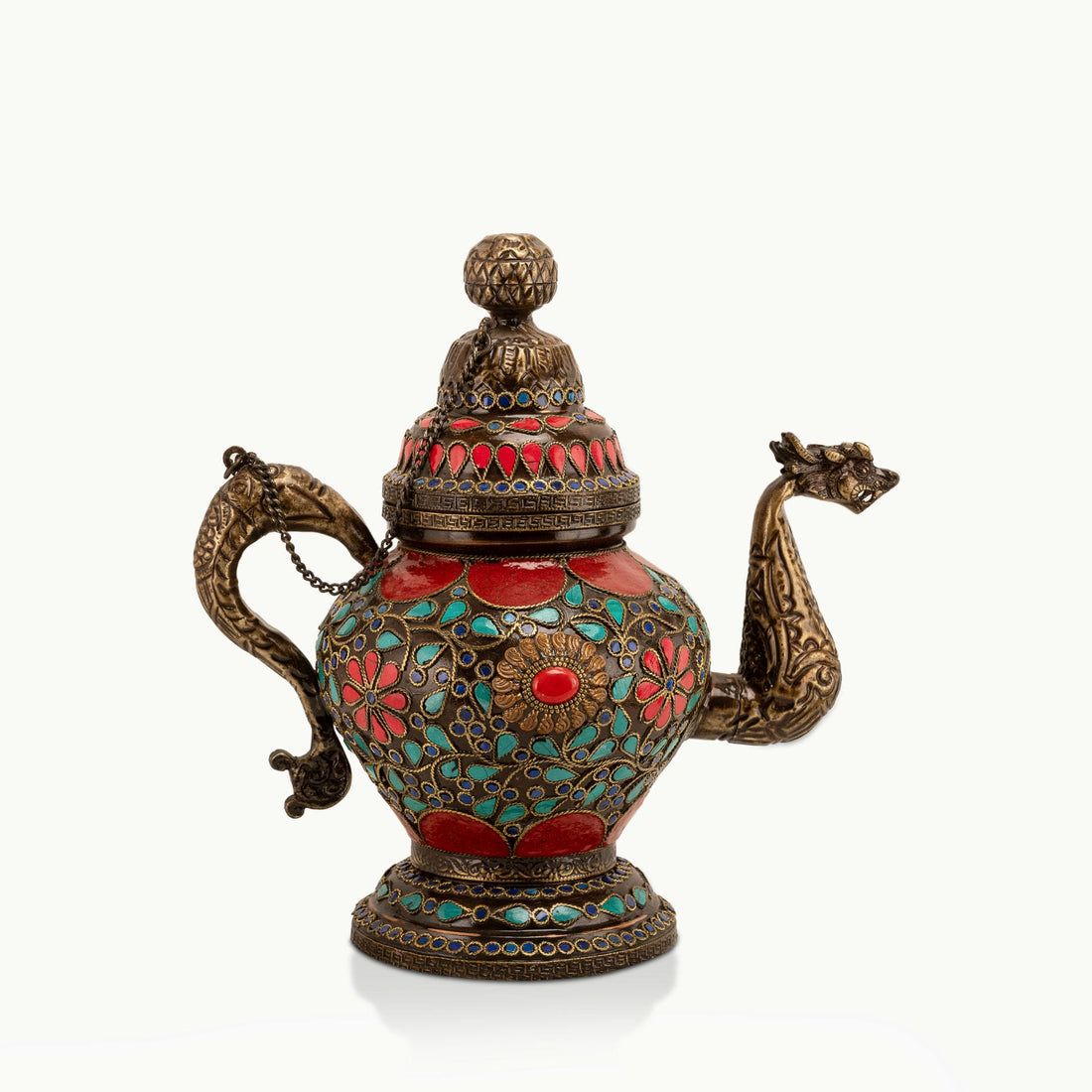 Stone Inlay Brass Dragon Teapot adorned with lapis stones for a coffee table tray. 