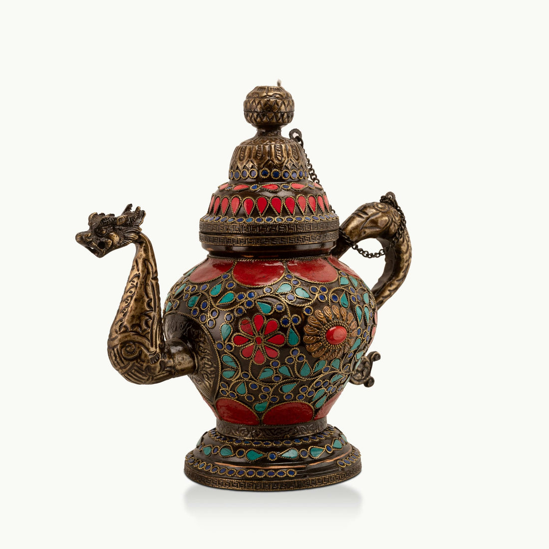 Stone Inlay Brass Dragon Teapot adorned with lapis stones for a coffee table tray. 