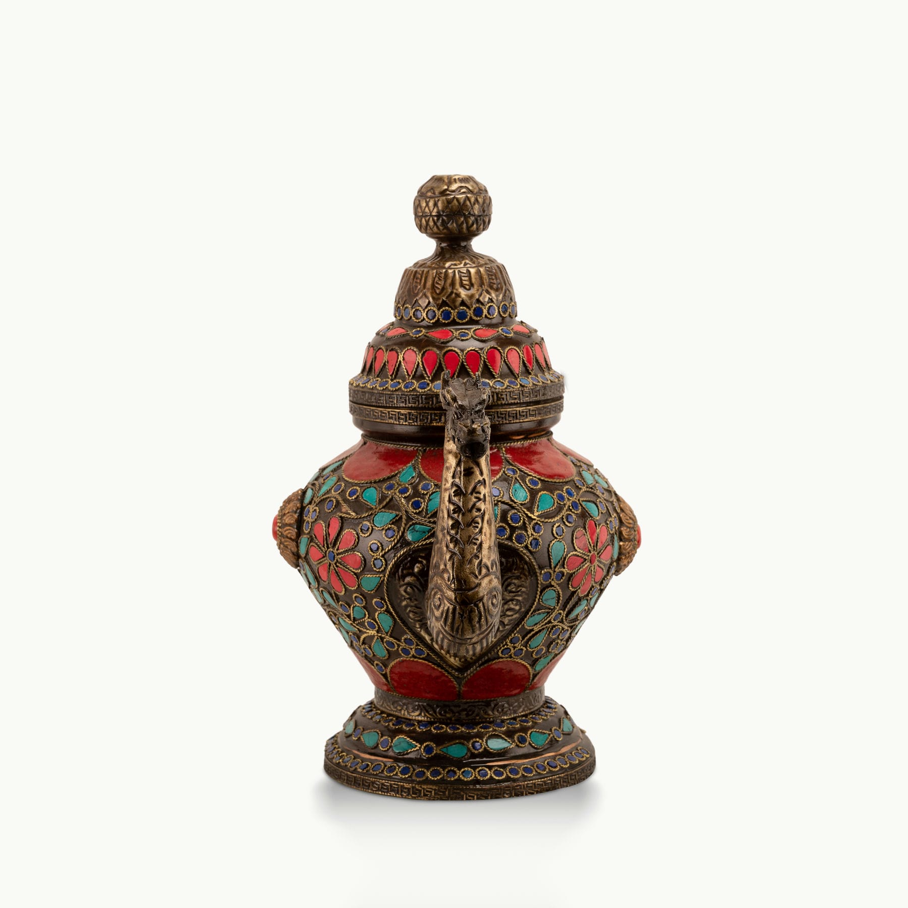 Stone Inlay Brass Dragon Teapot adorned with lapis stones for a coffee table tray. 