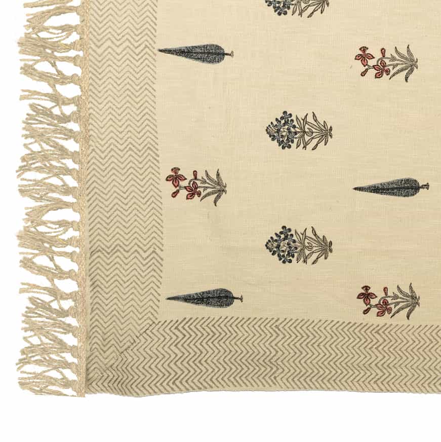 Hand-block printed cotton coverlet with scattered poppy and cypress motifs