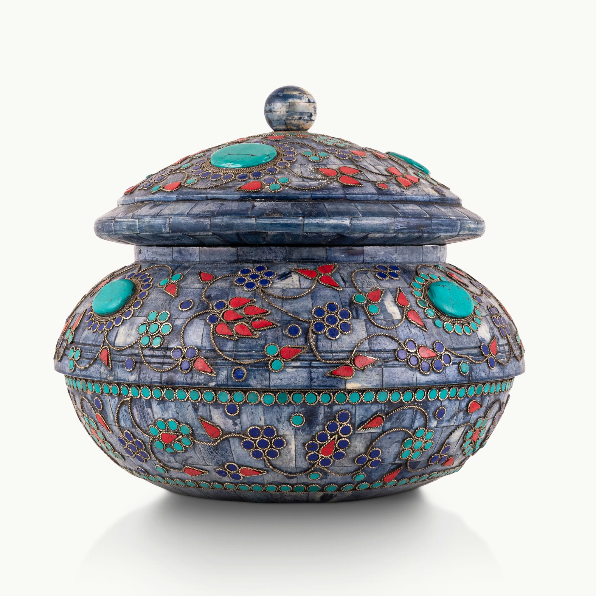 Turquoise Inlay Camel Bone Box displaying dyed blue tiles for a mirrored dressing table.