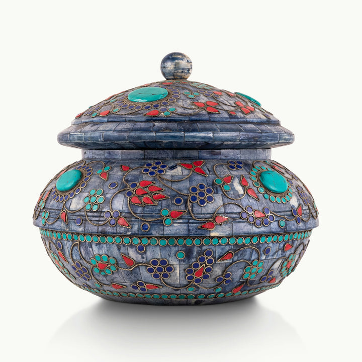 Turquoise Inlay Camel Bone Box displaying dyed blue tiles for a mirrored dressing table.