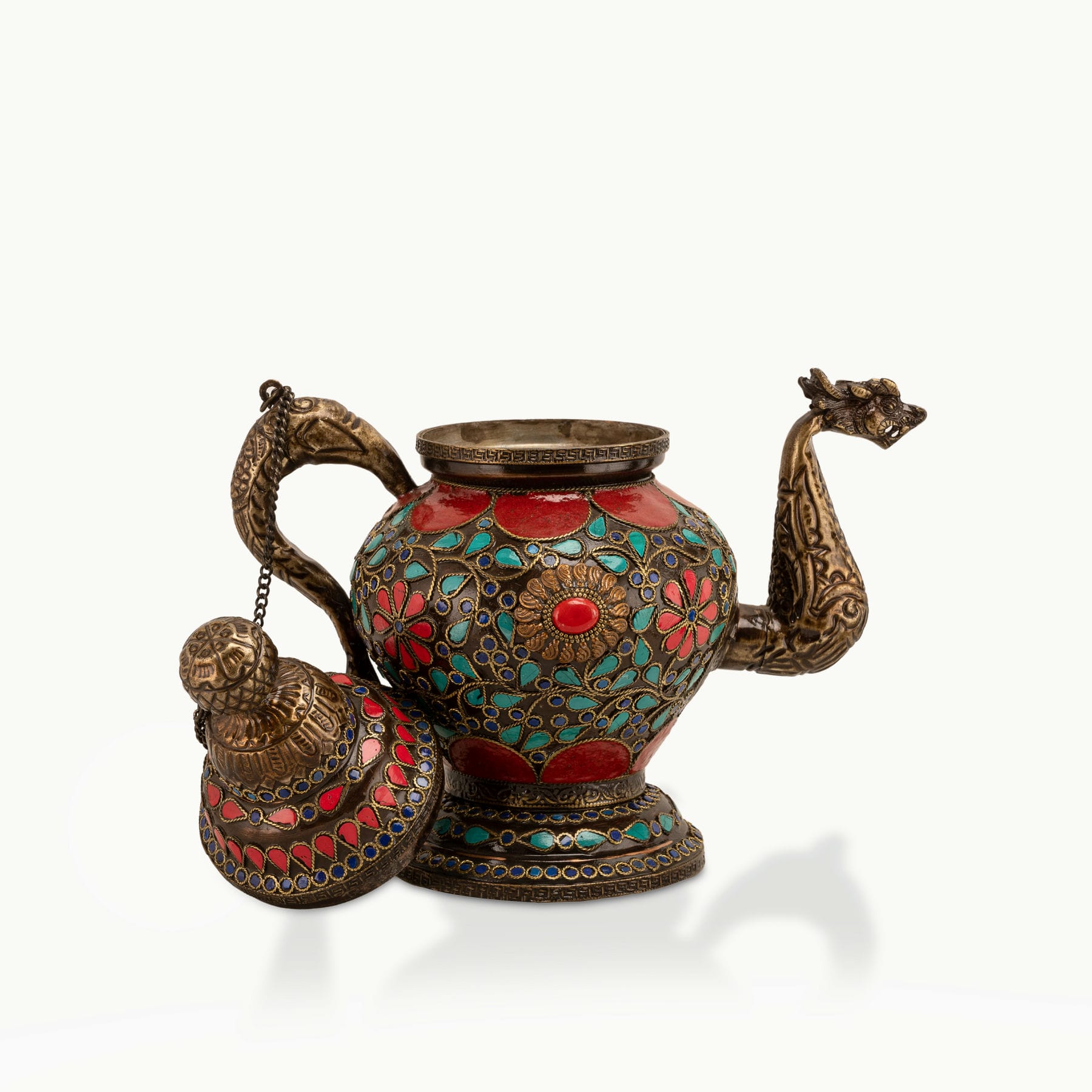 Stone Inlay Brass Dragon Teapot adorned with lapis stones for a coffee table tray. 