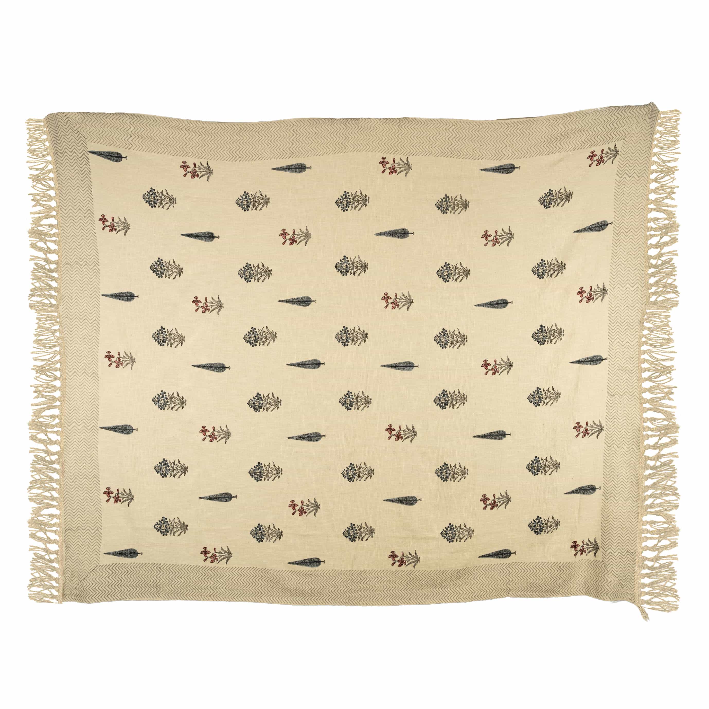 Hand-block printed cotton coverlet with scattered poppy and cypress motifs