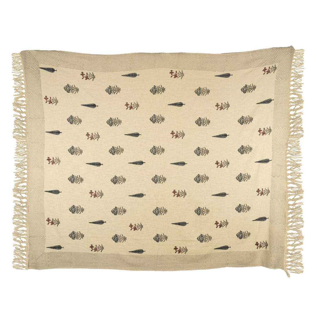 Hand-block printed cotton coverlet with scattered poppy and cypress motifs