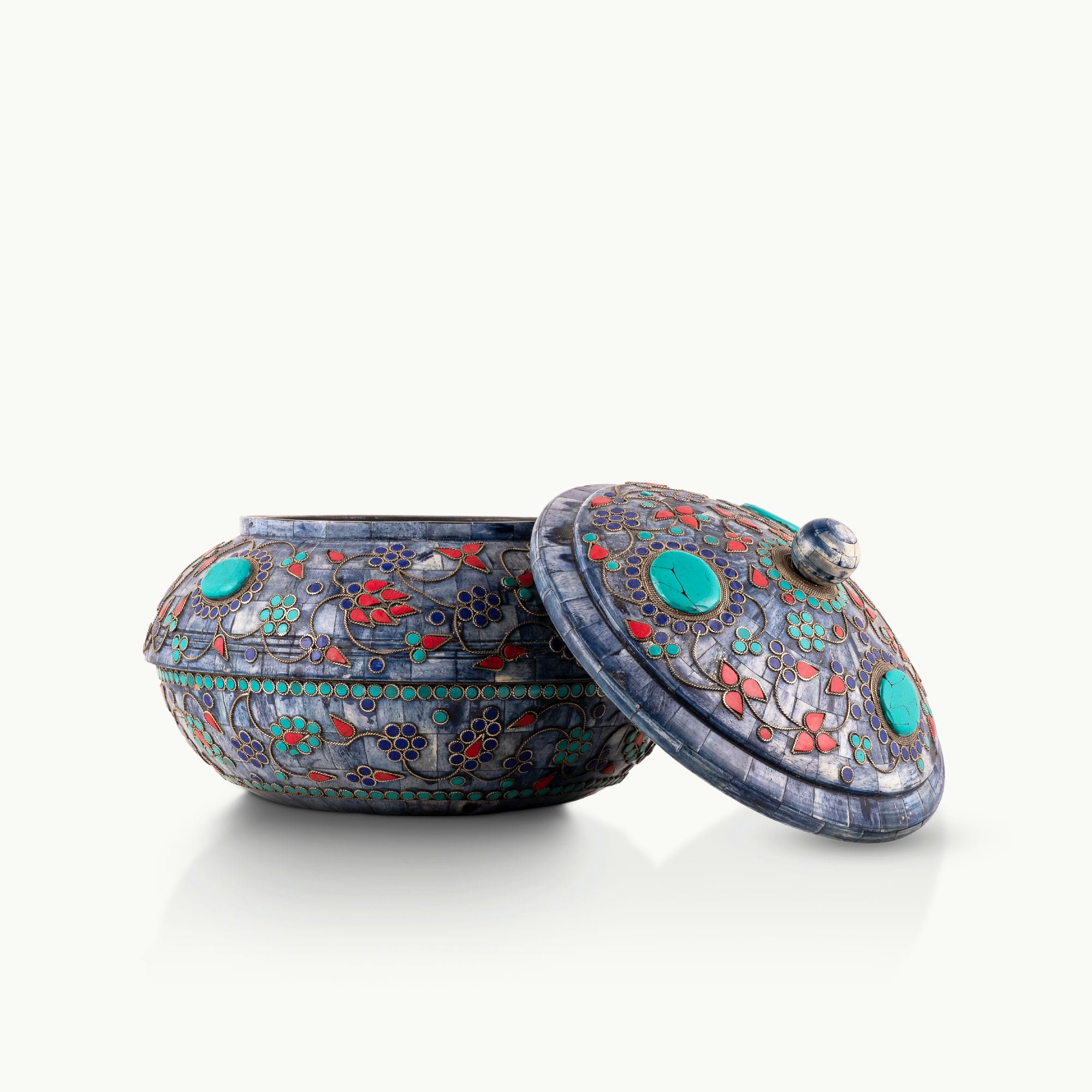 Turquoise Inlay Camel Bone Box displaying dyed blue tiles for a mirrored dressing table.