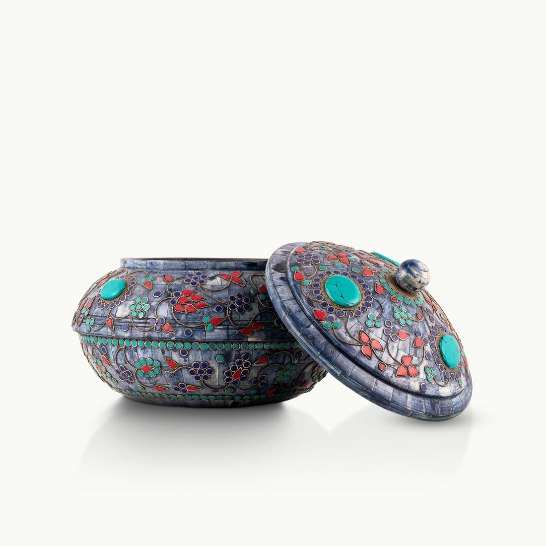 Turquoise Inlay Camel Bone Box displaying dyed blue tiles for a mirrored dressing table.