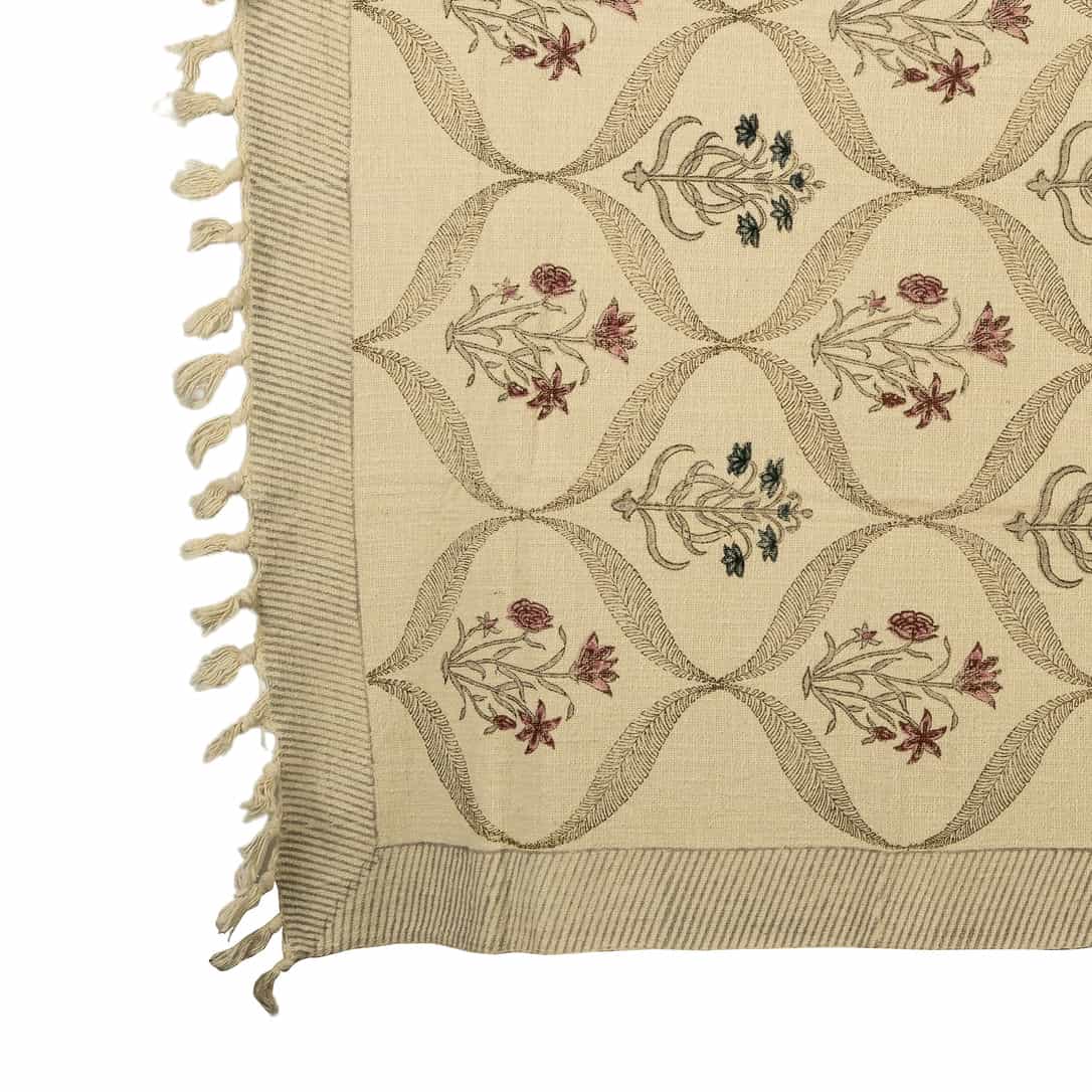 Printed botanical lattice textile coverlet with dual floral motifs