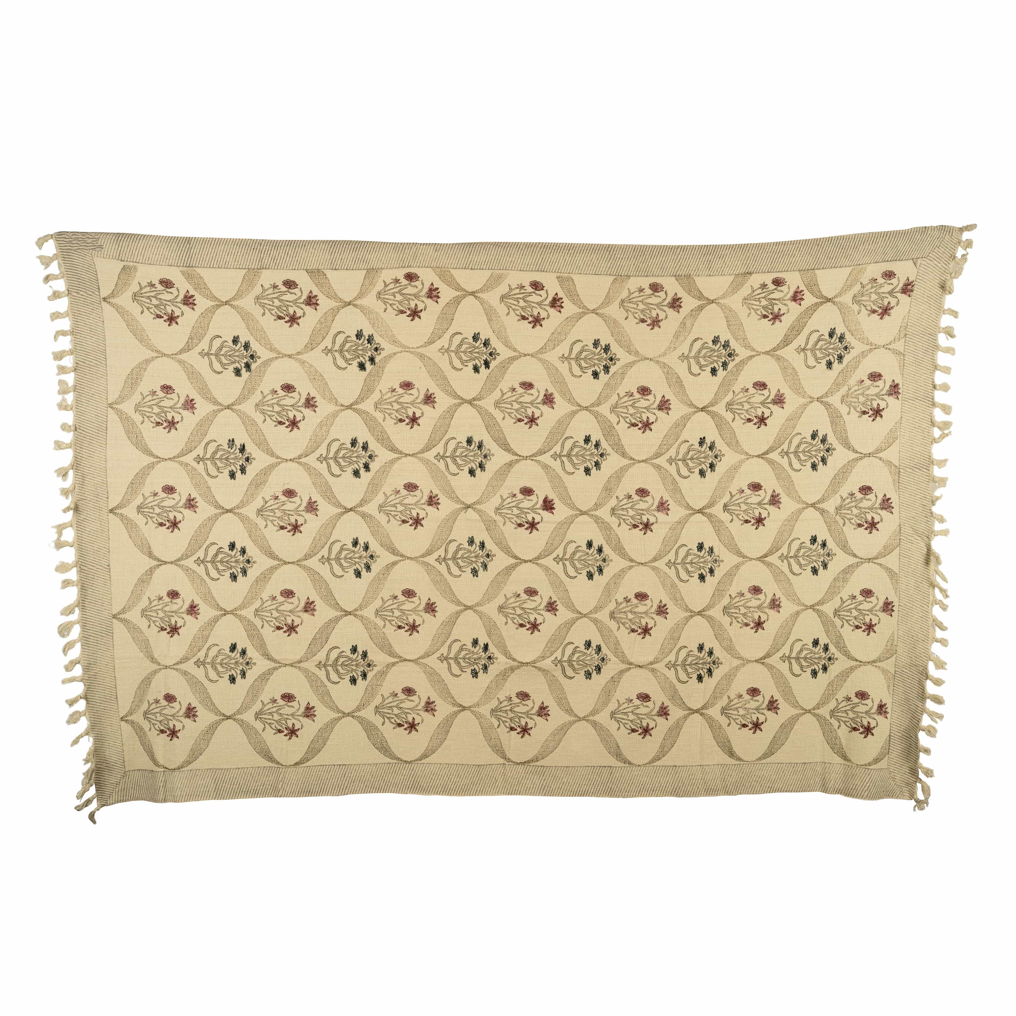 Printed botanical lattice textile coverlet with dual floral motifs