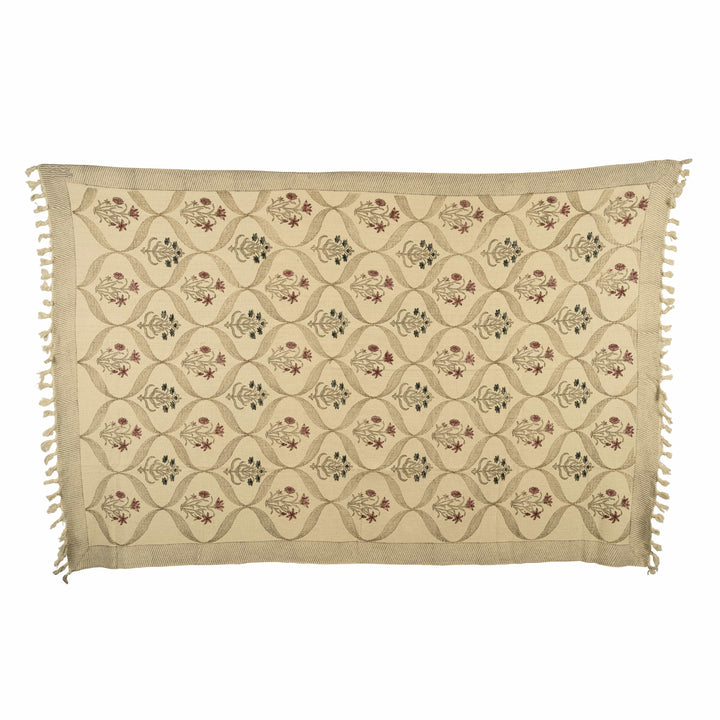 Printed botanical lattice textile coverlet with dual floral motifs