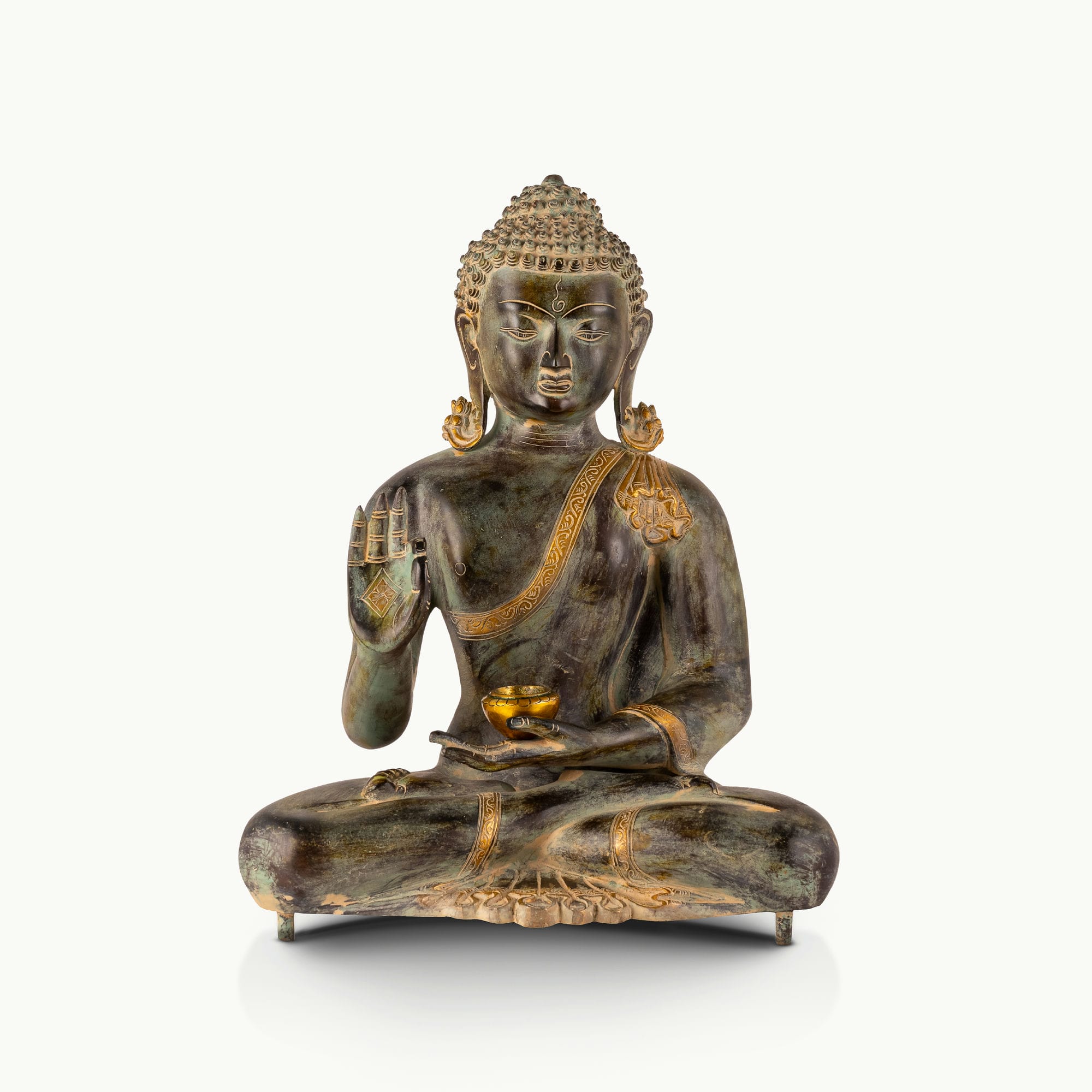 Dark Oxidized Abhaya Buddha Statue holding a golden bowl for an east-facing altar.