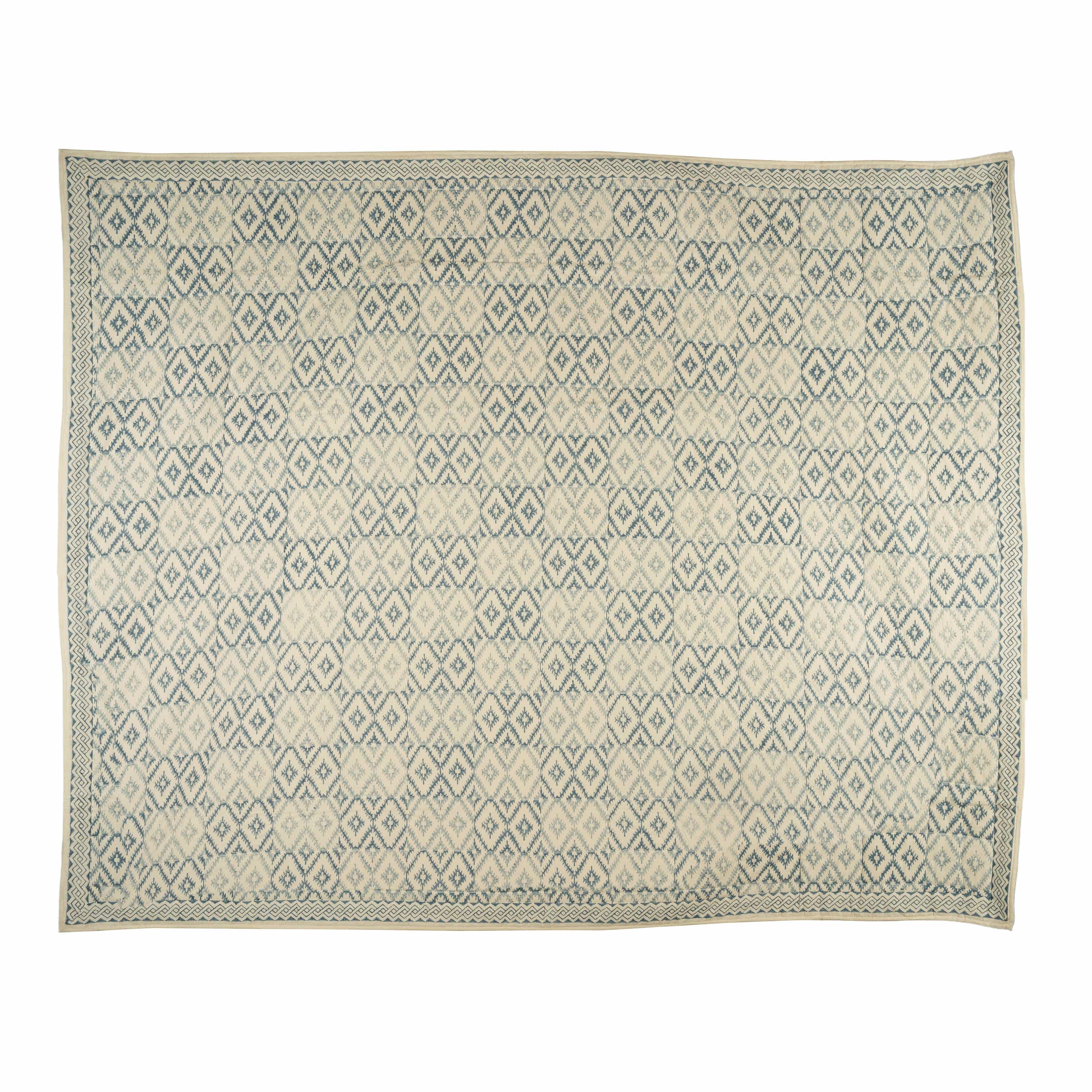 Indigo and cream diamond lattice woven textile coverlet