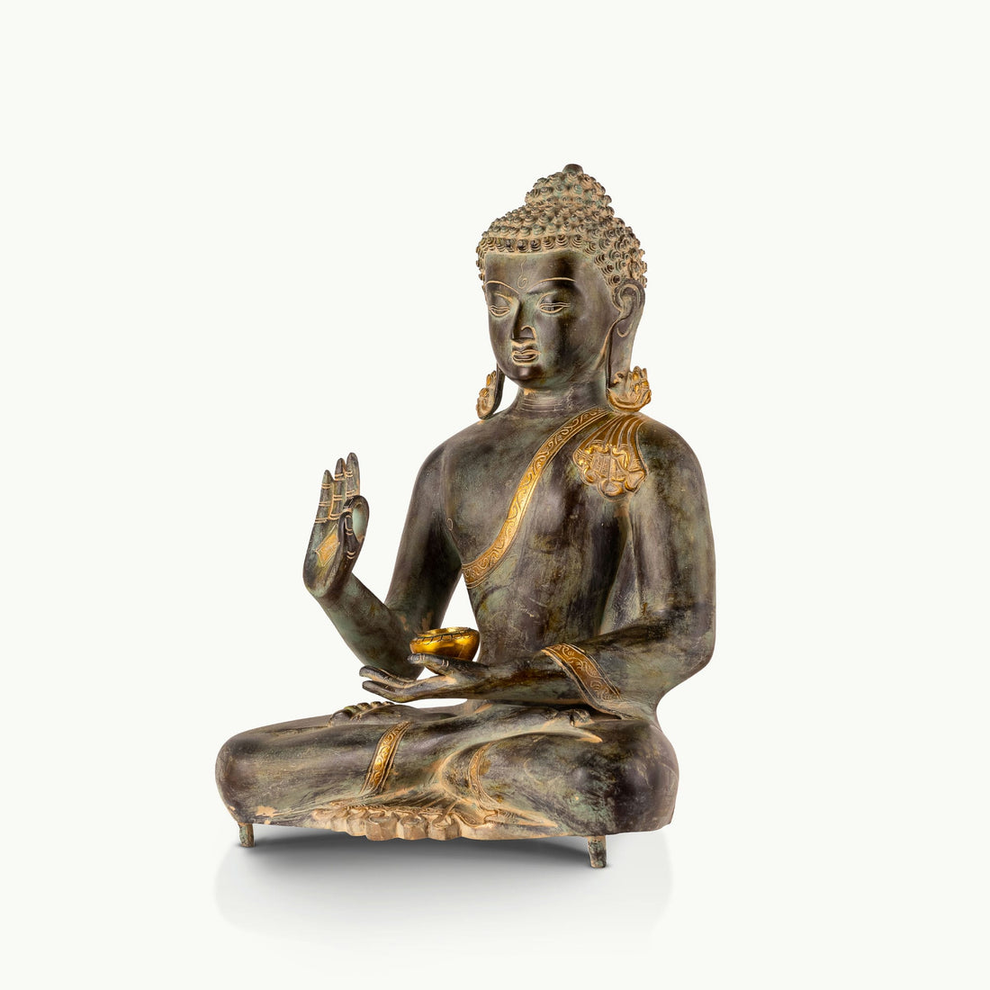 Dark Oxidized Abhaya Buddha Statue holding a golden bowl for an east-facing altar.