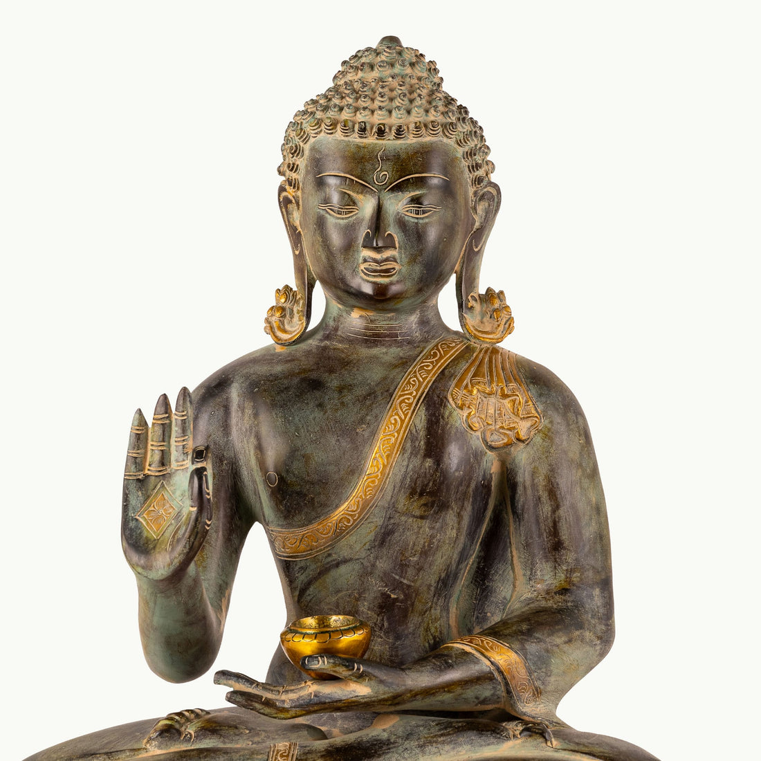 Dark Oxidized Abhaya Buddha Statue holding a golden bowl for an east-facing altar.