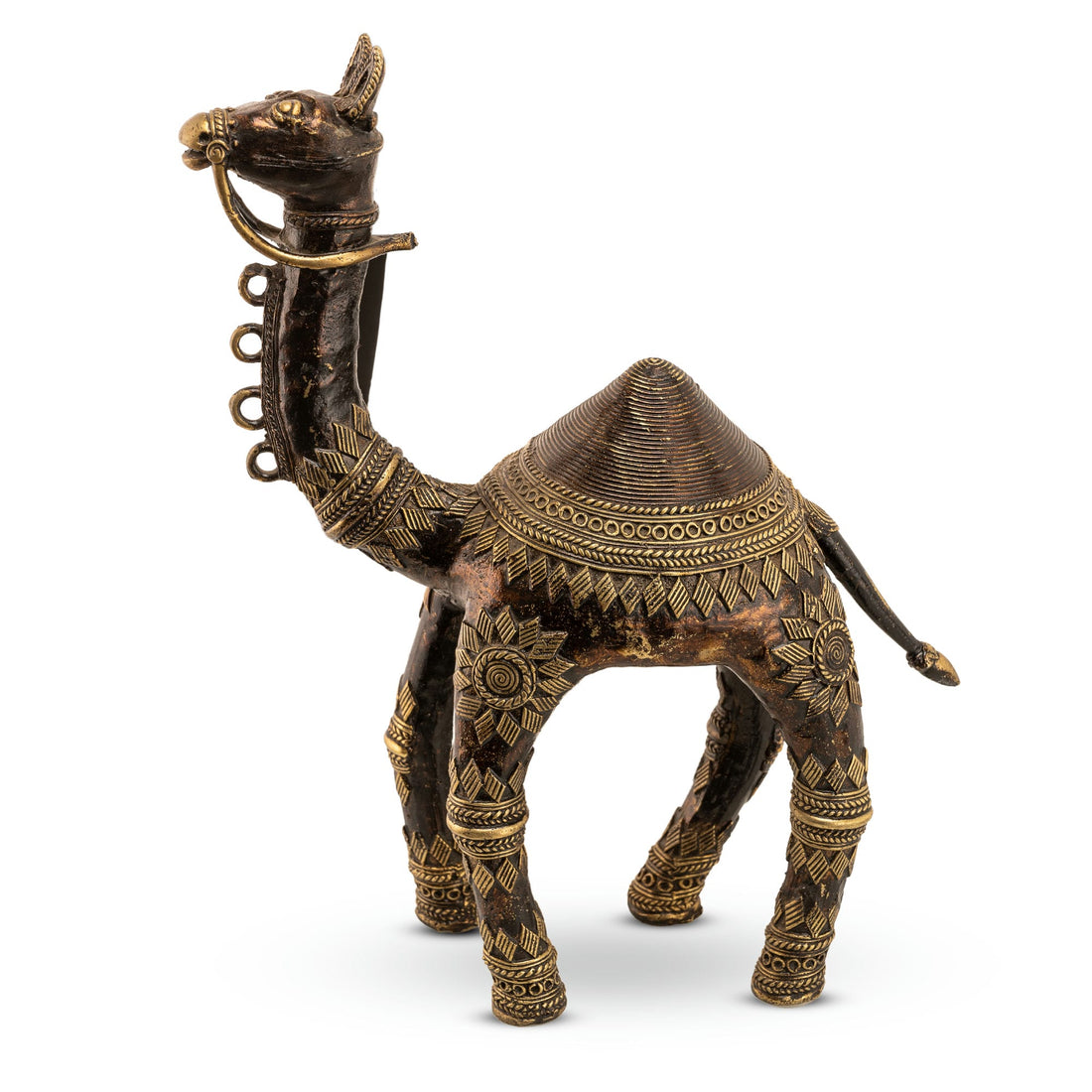 Rajasthani metal animal art featuring polished gold-tone sunburst motifs for an executive desk or corporate gifting.