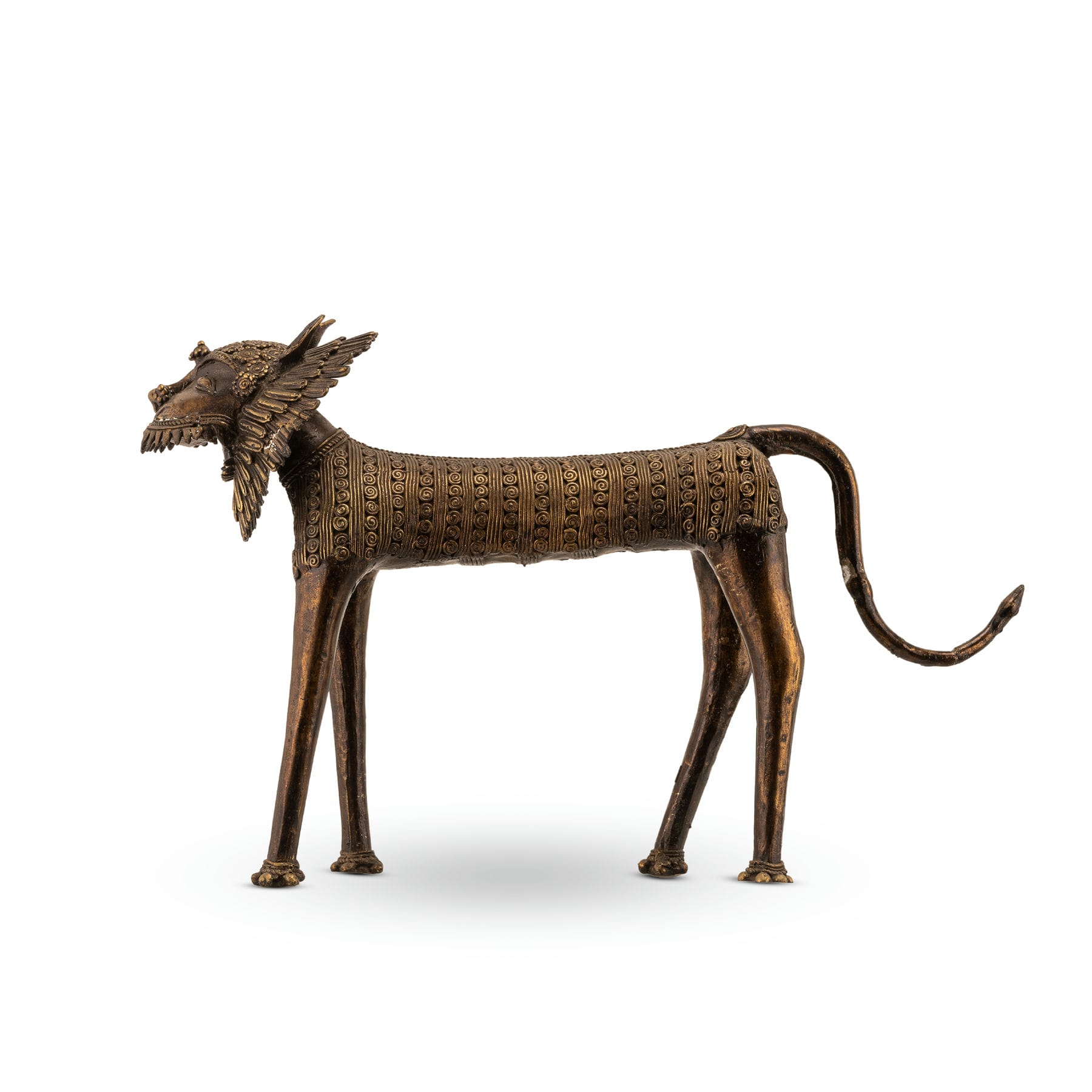 Dhokra style bronze feline featuring a wire-like mane and tribal geometry for a wide mantelpiece or rustic home styling.