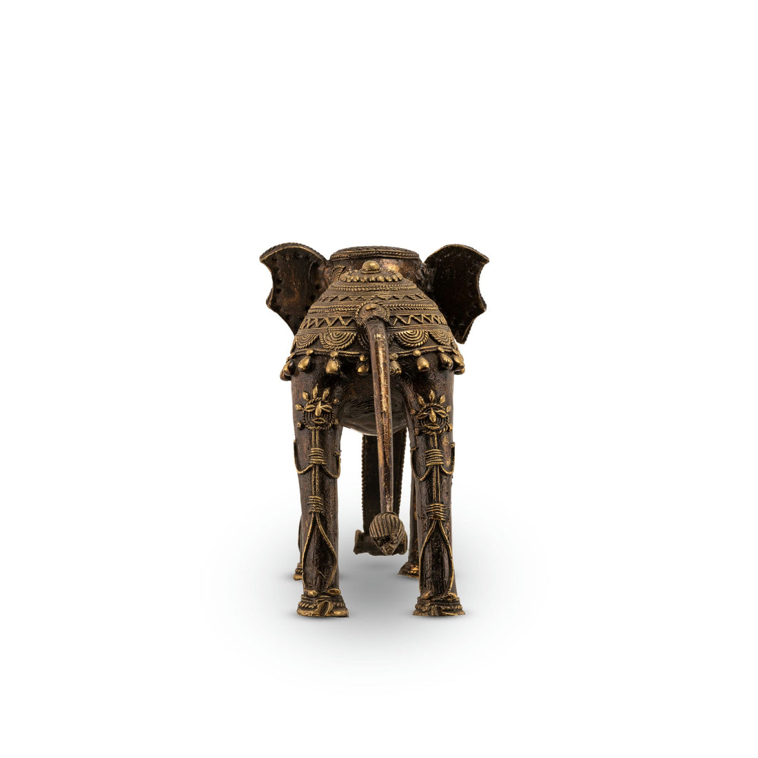 Indian metal ceremonial beast decor featuring a stylized elongated trunk for a wide wooden bookshelf or traditional home decor.