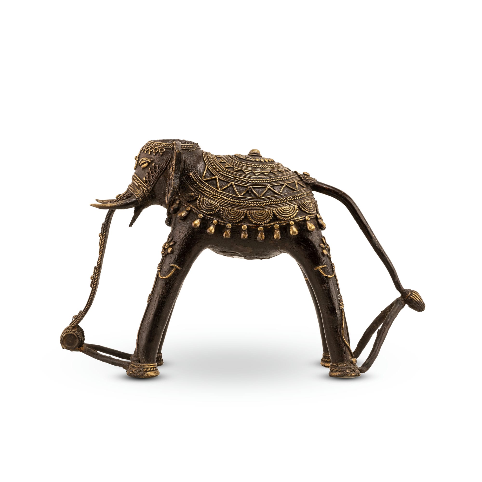 Contemporary Indian metal animal figurine with a sweeping curled trunk 