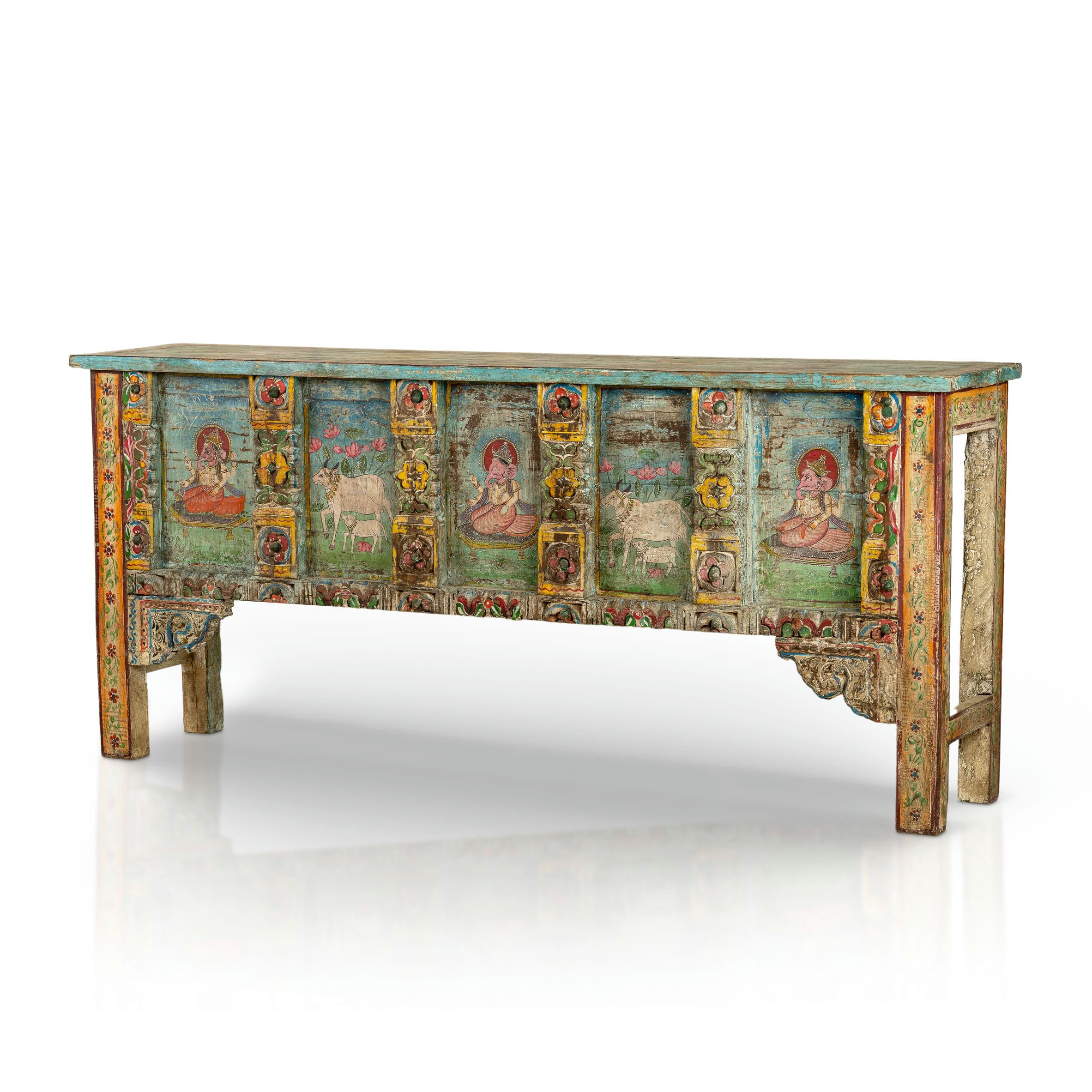 Painted Wood Distressed Antique Low Cabinet with Devotional Panels