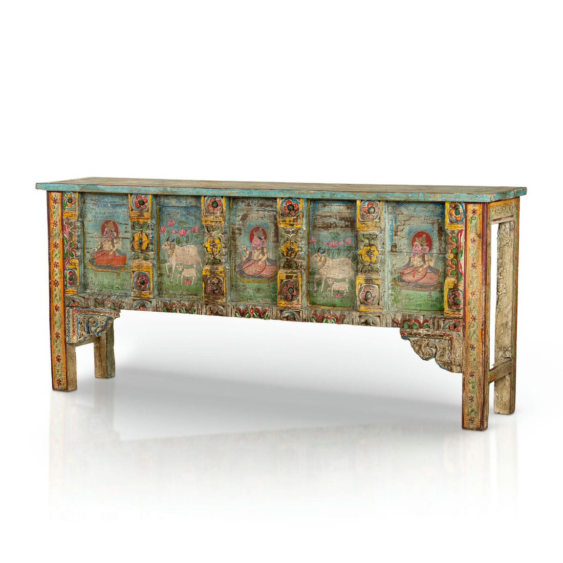 Painted Wood Distressed Antique Low Cabinet with Devotional Panels