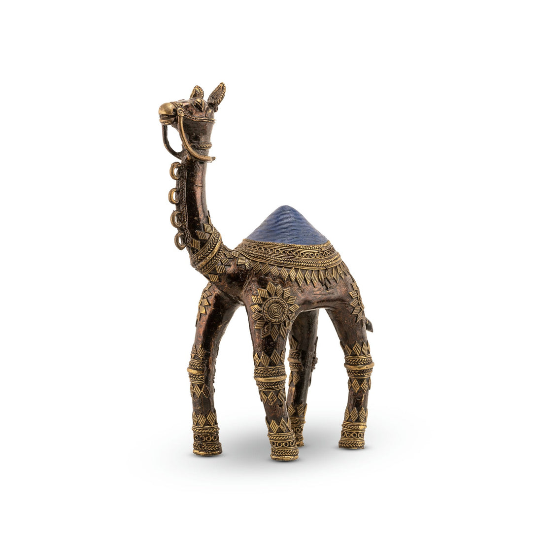 Premium metal desert wanderer statue featuring deep sunburst etchings for a wooden bookshelf or office display.
