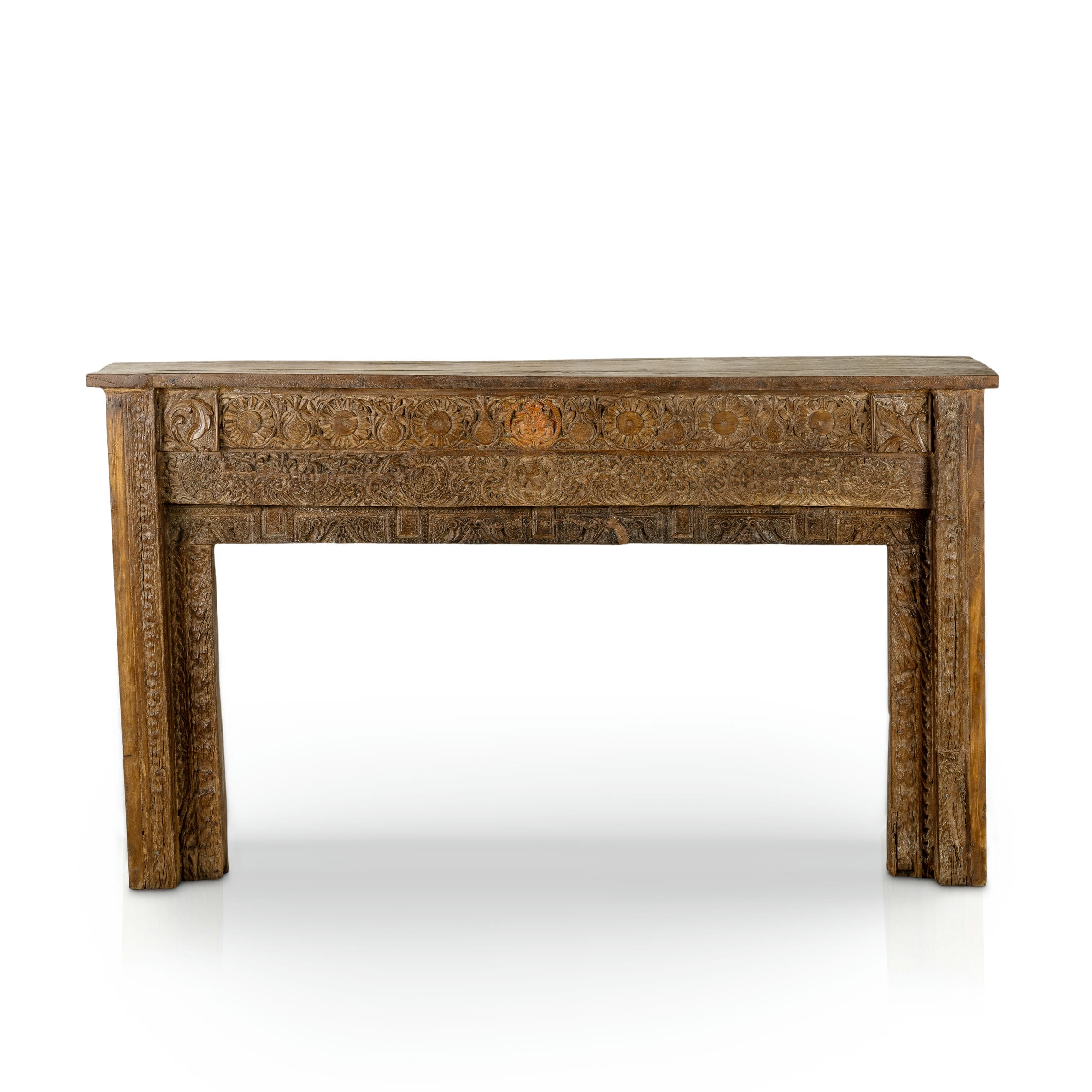Carved Wood Antique Low Console with Floral Relief and Central Medallion