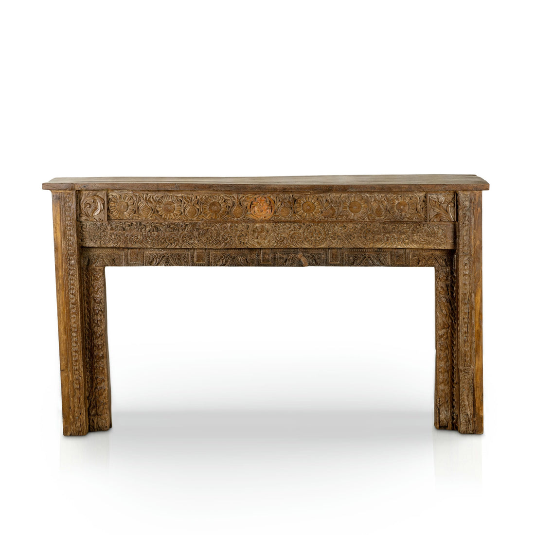 Carved Wood Antique Low Console with Floral Relief and Central Medallion