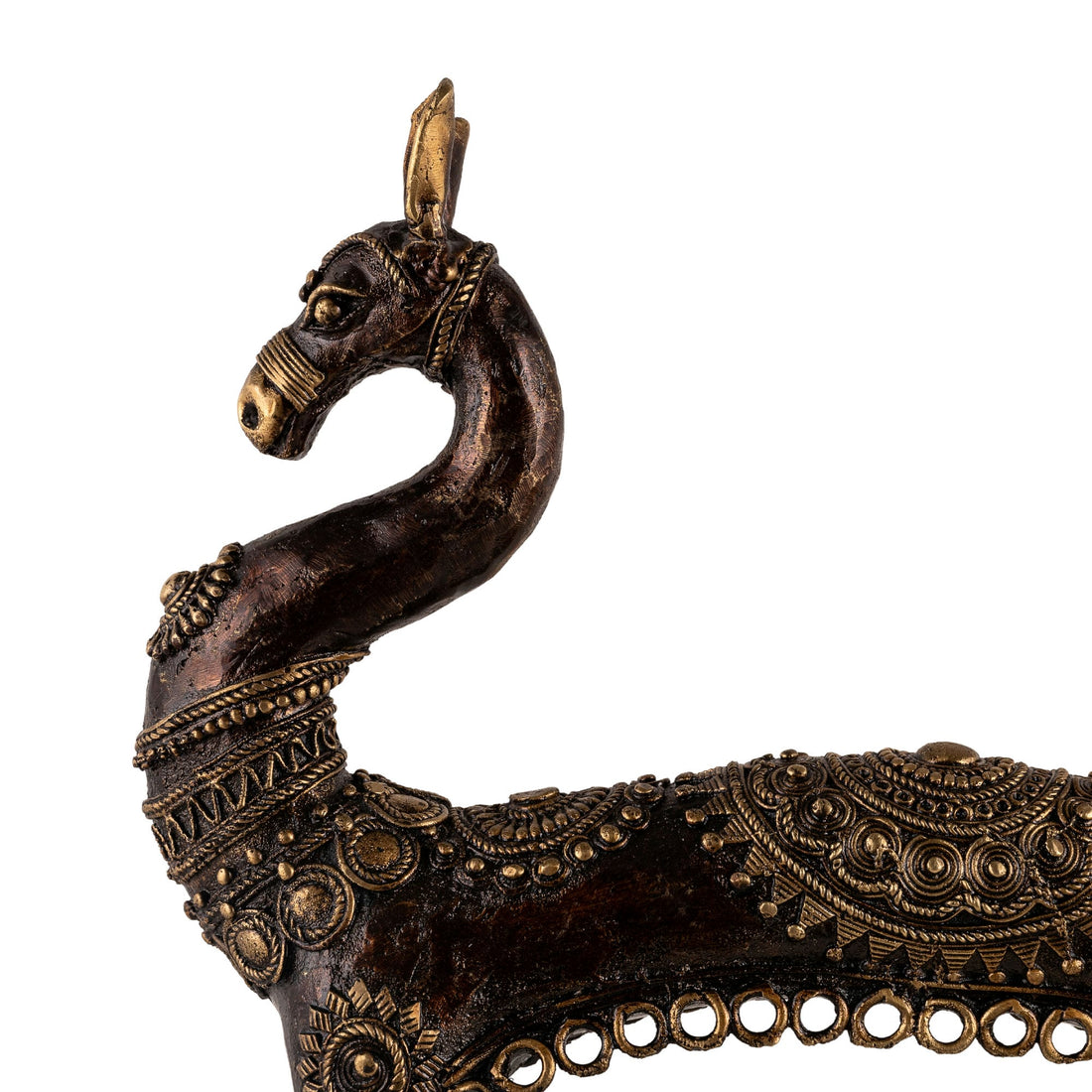 Dhokra Brass Horse Sculpture featuring an elongated arch on a minimalist wooden credenza. 