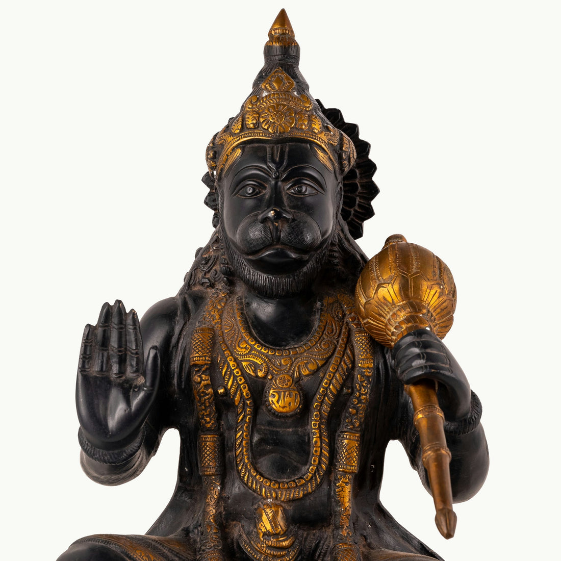 Dark Oxidized Brass Hanuman Statue holding a golden mace for an east-facing puja altar.