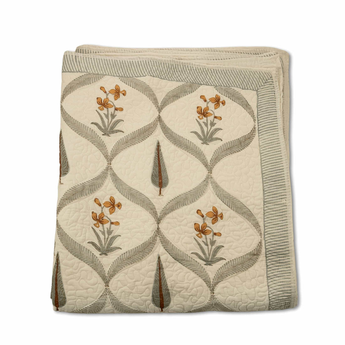 Hand-stitched cotton quilted coverlet with feather and blossom ogee pattern