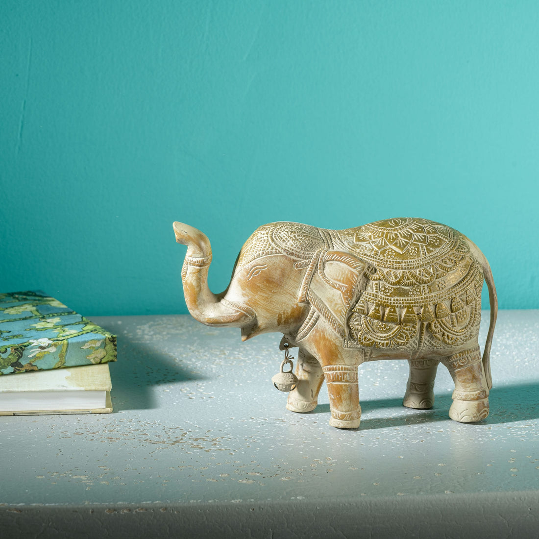 Carved Wood Etched Elephant with Trunk Raised