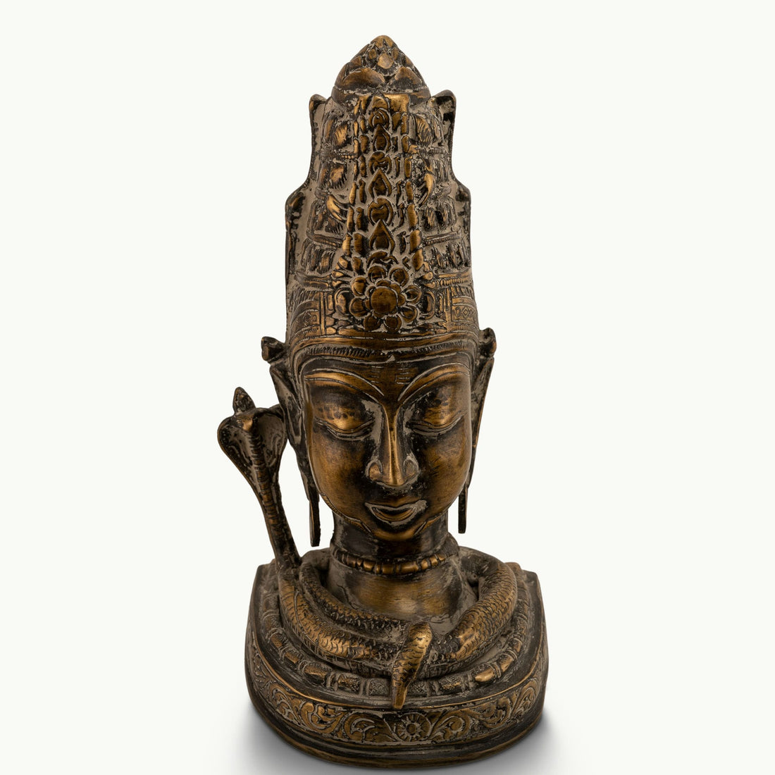 Distressed Brass Shiva Bust depicting the supreme ascetic on a meditation altar