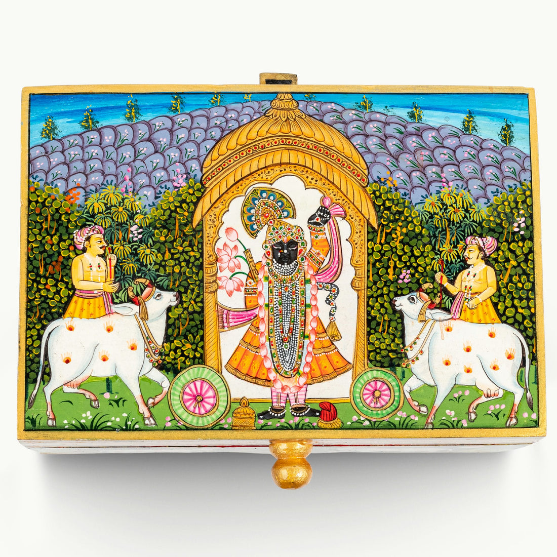 Lacquer Painted Wood Miniature Painted Black Box with Sacred Cow Motif and Lift-Off Lid