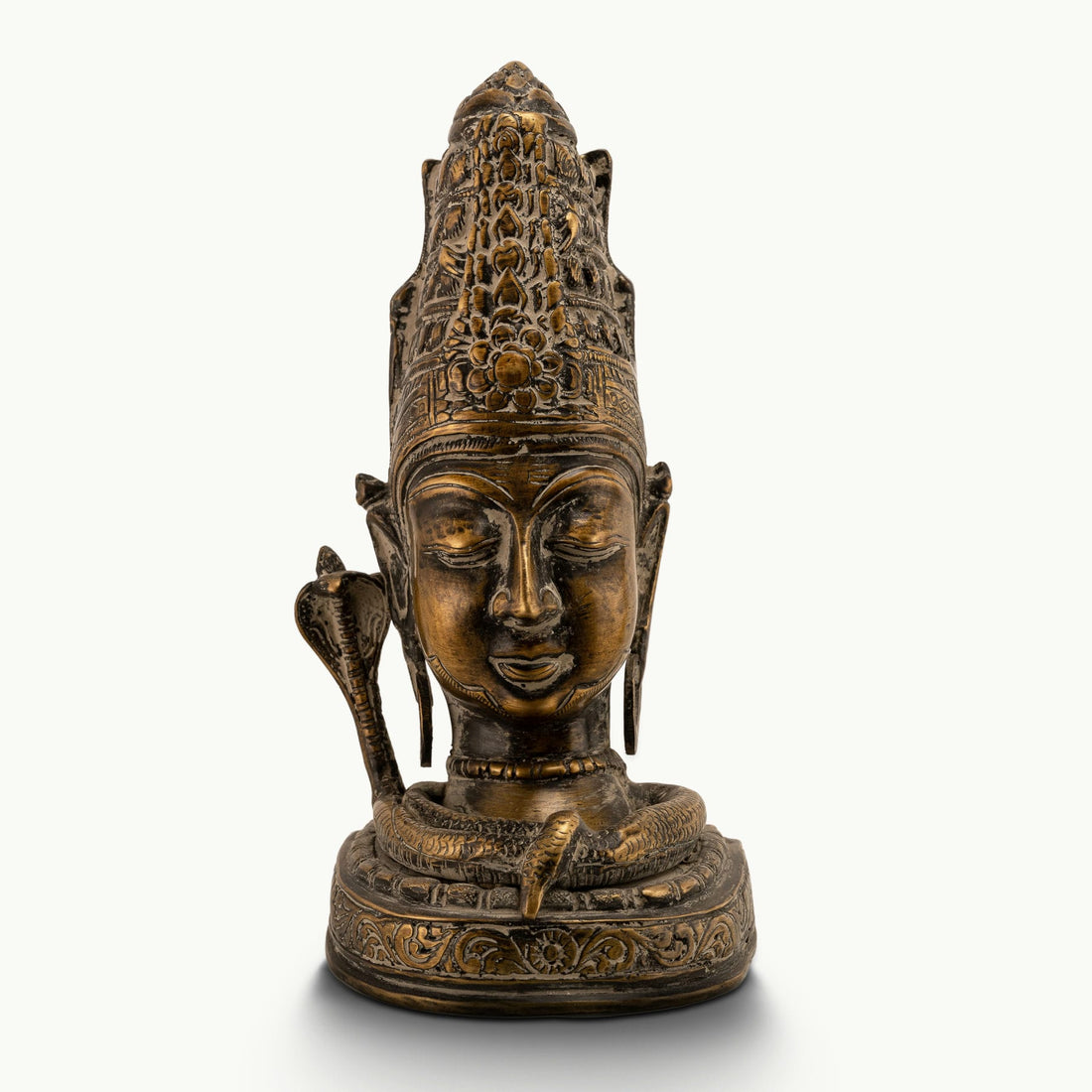 Distressed Brass Shiva Bust depicting the supreme ascetic on a meditation altar