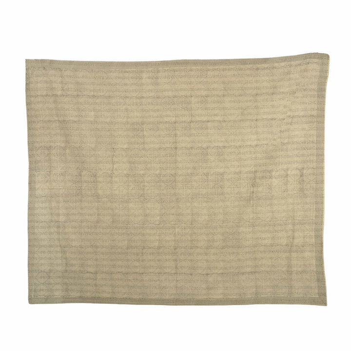 Stone-grey kantha cotton bedcover featuring hand-stitched botanical ogee patterns on a natural cream canvas.