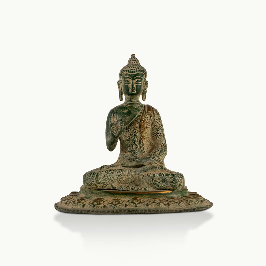 Distressed Verdigris Brass Buddha Statue: The Excavated Serenity