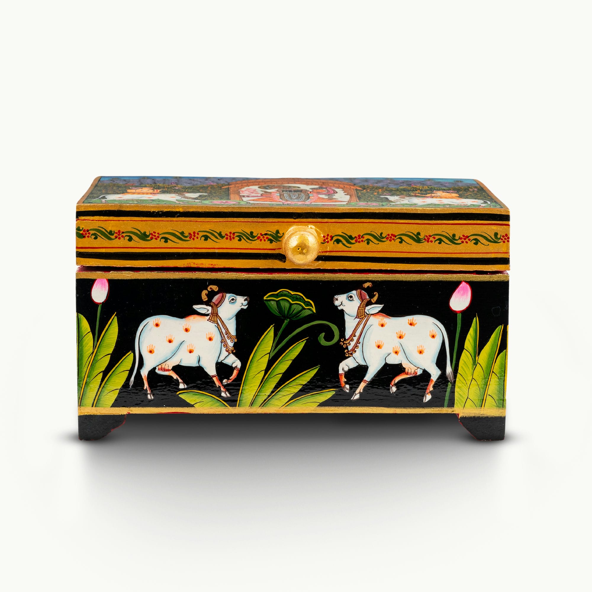 Lacquer Painted Wood Miniature Painted Black Box with Sacred Cow Motif and Lift-Off Lid