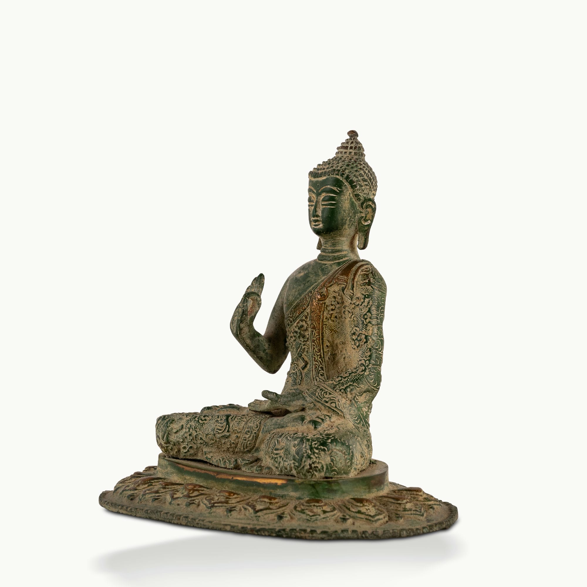 Distressed Verdigris Brass Buddha Statue: The Excavated Serenity