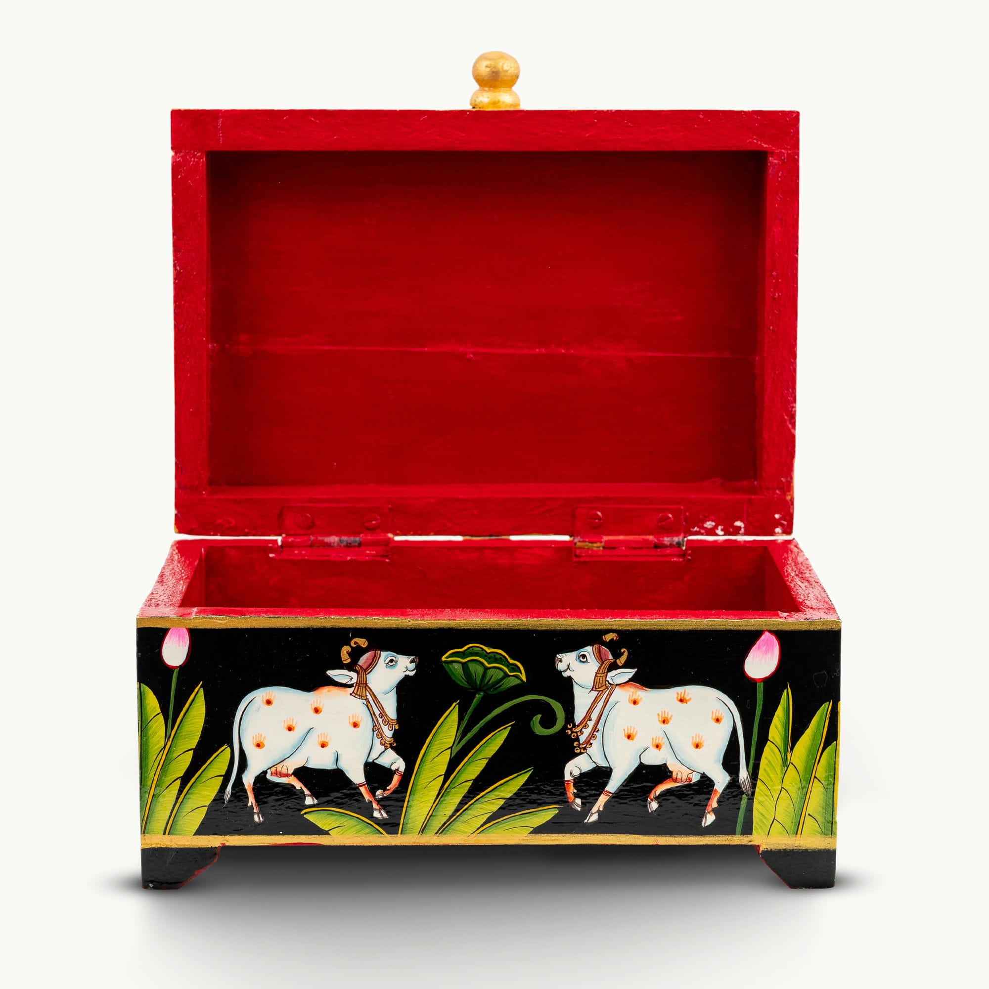 Lacquer Painted Wood Miniature Painted Black Box with Sacred Cow Motif and Lift-Off Lid