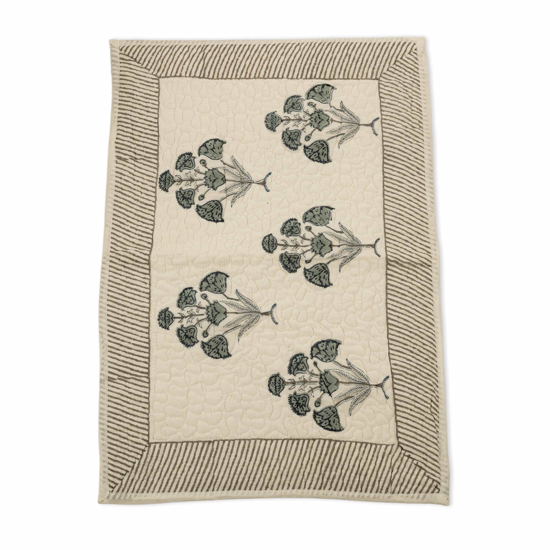 Hand-block printed faded aqua and grey ikat lattice coverlet