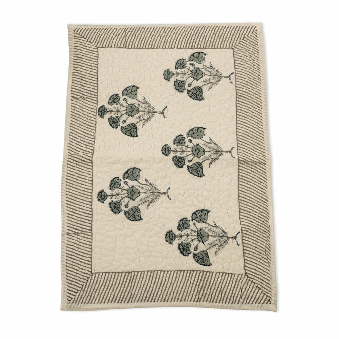 Hand-block printed faded aqua and grey ikat lattice coverlet