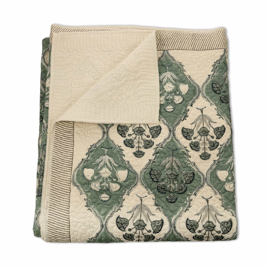 Hand-block printed faded aqua and grey ikat lattice coverlet